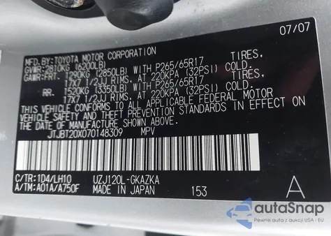 2007 Lexus Gx 470 from USA, damaged, VIN JTJBT20X070148309